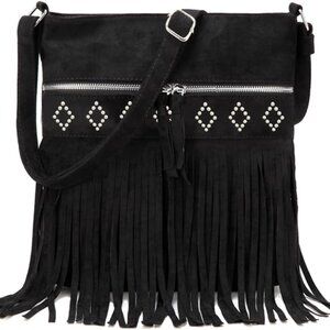 Luxury Black Faux Suede Crossbody Shoulder Bag with Multiple Pockets & Tassels